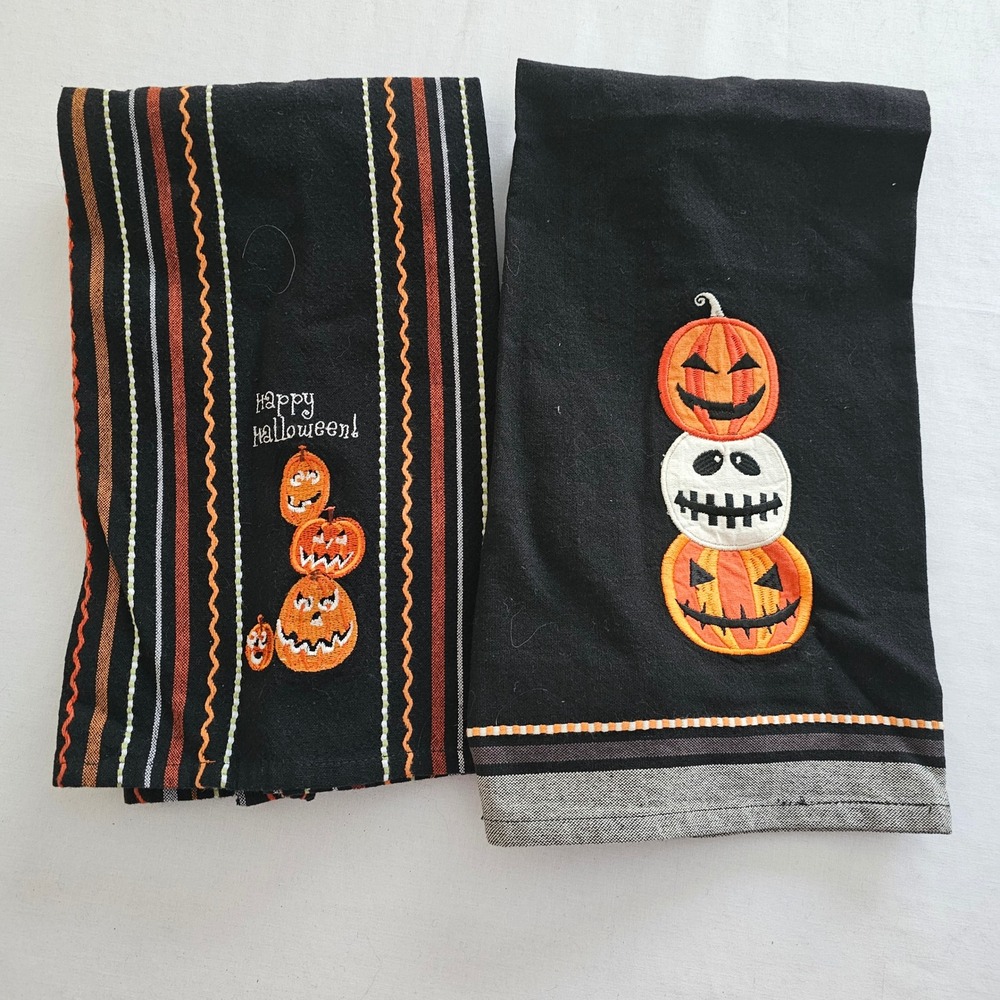 DII Halloween Kitchen Towels Set of 2 Black Striped Embroidered Pumpkins Cotton